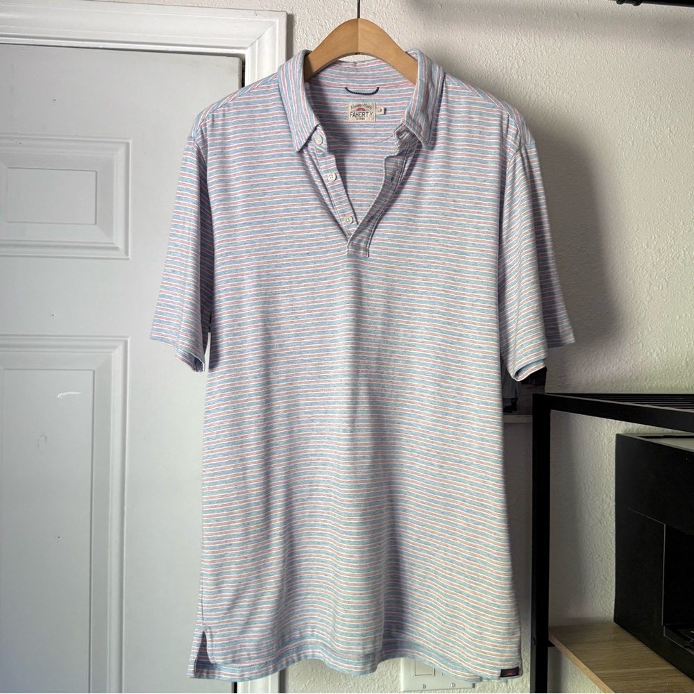 FAHERTY blue white red striped pima cotton modal polo‎ short sleeve shirt